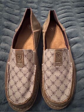Ariat Tan & Brown Leather/Textile Upper Patterned Canvas Slip-On Loafers NWOT